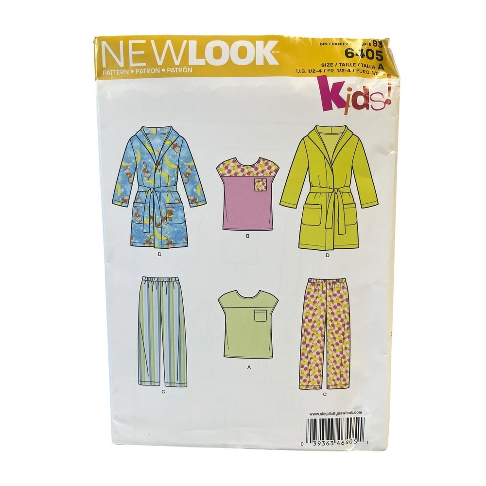 NEWLOOK 6405 Toddler Kids Pajamas Robe Top Pants Sizes 1/2-4 Sleepwear